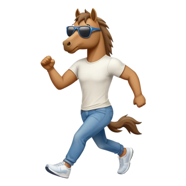 friendly anthropomorphised stallion in jeans and a t-shirt, wearing dark sunglasses, jogging upright in standard pose sticker