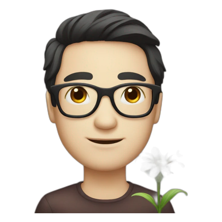white skin guy with dark hair and glasses gives a flower sticker