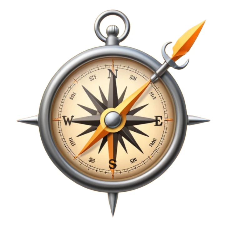 Minimalist emoji of a compass needle snapping firmly toward one direction with a soft sunrise glow behind it, symbolising decisive focus and a new disciplined beginning. Transparent background. sticker
