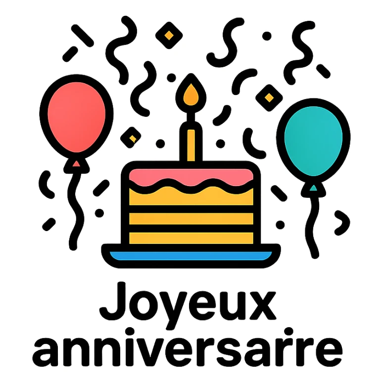 Joyeux anniversaire festive icon with celebratory elements like confetti, balloons, cake, clean modern icon style, suitable for digital use sticker
