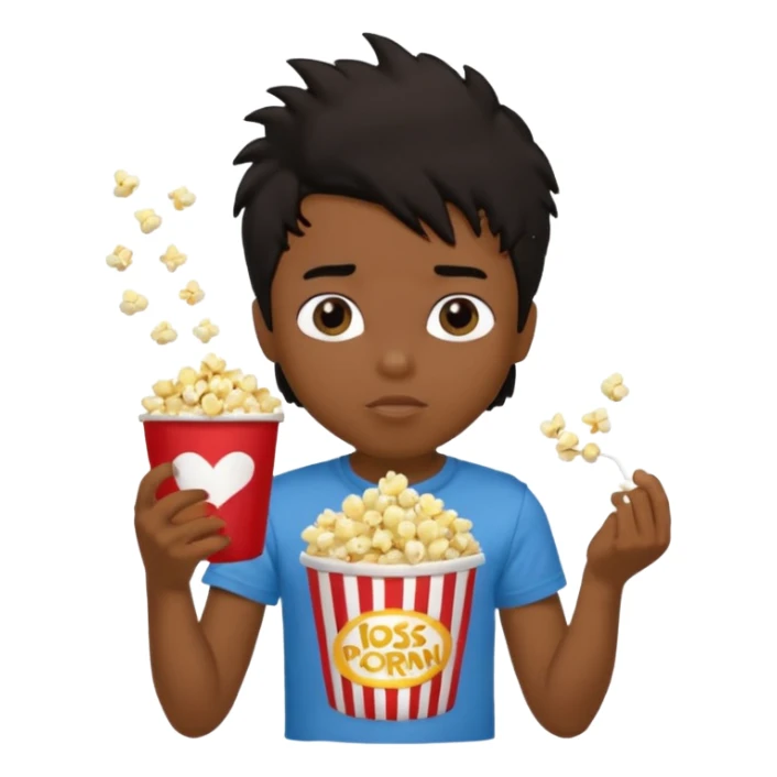 generate a pretty tan bratz boy with a brown tshirt on. eating a popcorn. messy black hair sticker