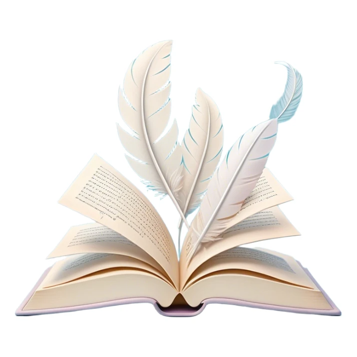 Create a delicate and poetic emoji representing poetry. The design should feature several elegantly flying pages with short poetic columns written on them. The pages should appear light and flowing, almost as if being carried by the wind. Include a white feather gently resting on the pages, symbolizing creativity and inspiration. Use soft, pastel tones to give it a dreamy, artistic feel. The design should feel ethereal and whimsical, capturing the essence of poetry. Make the background transparent. sticker