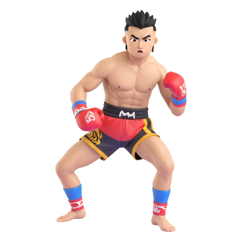 Rodtang Jitmuangnon with mohawk, intense expression, muscular build, in fighting stance, wearing mongkhon headband and Muay Thai shorts sticker