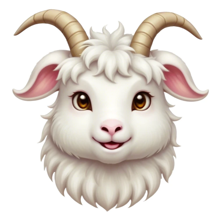 Cinematic Cute White Goat Portrait Emoji, Head tilted playfully and inquisitively, featuring a fluffy, immaculate white fur with charming curved horns, round, sparkling eyes filled with gentle curiosity, Simplified yet irresistibly adorable features, highly detailed, glowing with a warm, friendly glow, high shine, affectionate and lively, stylized with a touch of whimsical charm, bright and endearing, soft glowing outline, capturing the essence of a mischievous yet loving goat, so playful it feels like it could trot out of the screen and into your arms! sticker