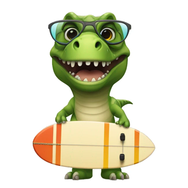 Un dinosaurio montado en una tabla de surf con unas gafas sticker