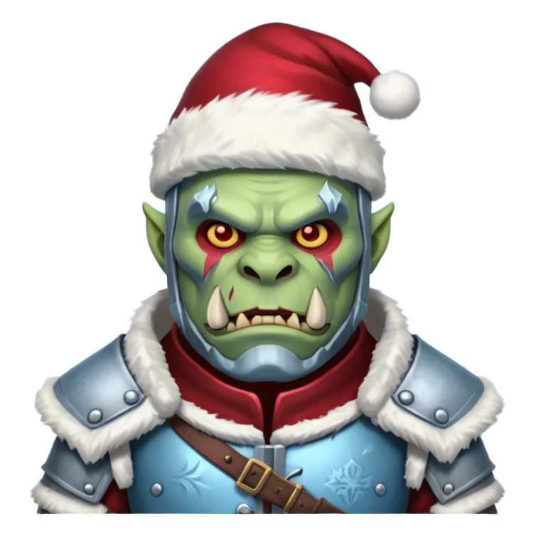 
Fantasy Christmas orc legion soldier icon, iron tundra army theme, heavy winter armor, disciplined brutal look, icy blue steel armor with deep crimson accents, frozen metal texture, cold winter atmosphere, male variant sticker