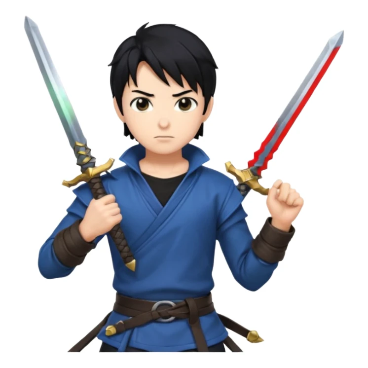 Create me an anime character boy emoji looking very cool with swords on his hand sticker