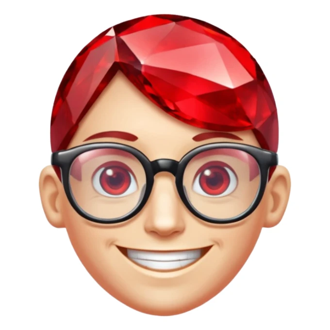 A single red crystal gemstone character wearing glasses,  irregular with faceted very sharp sides, smile, , high detail, sticker