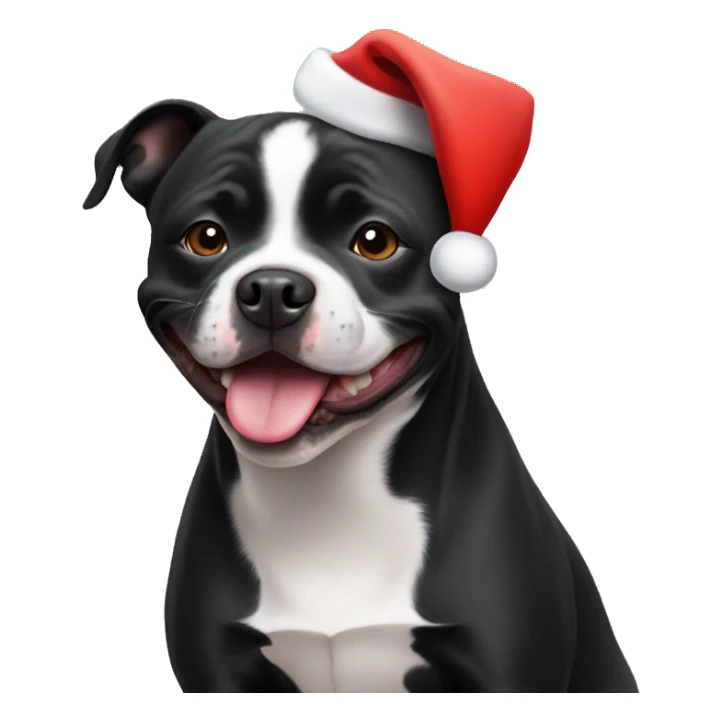 Black staffie smiling with santa’s hat sticker