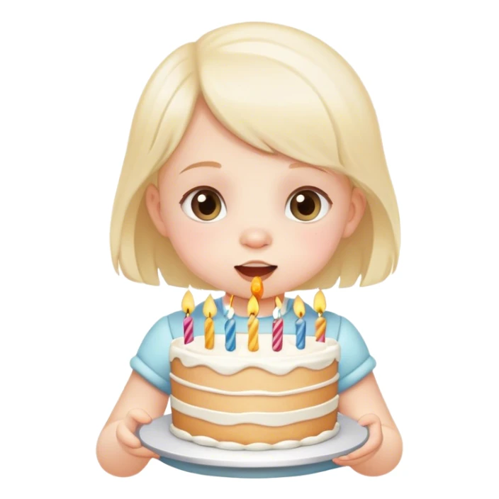 casual young baby girl in white eating birthday cake sticker