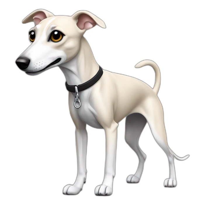 a beige whippet body with one fore-foot up and a leash going out of frame, with a dark snout, black and white mouth patchy and black angel wing like eyes sticker