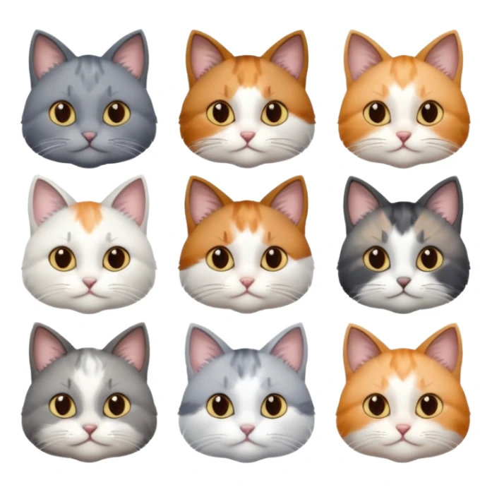 6 realistic looking cats with different natural coloured coats, assorted grey and white, greys, calico, brown and white colours etc
 sticker