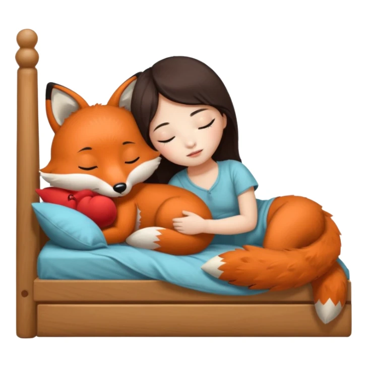 A Chinese girl sleeping with a fox stuff toy next to her bed sticker