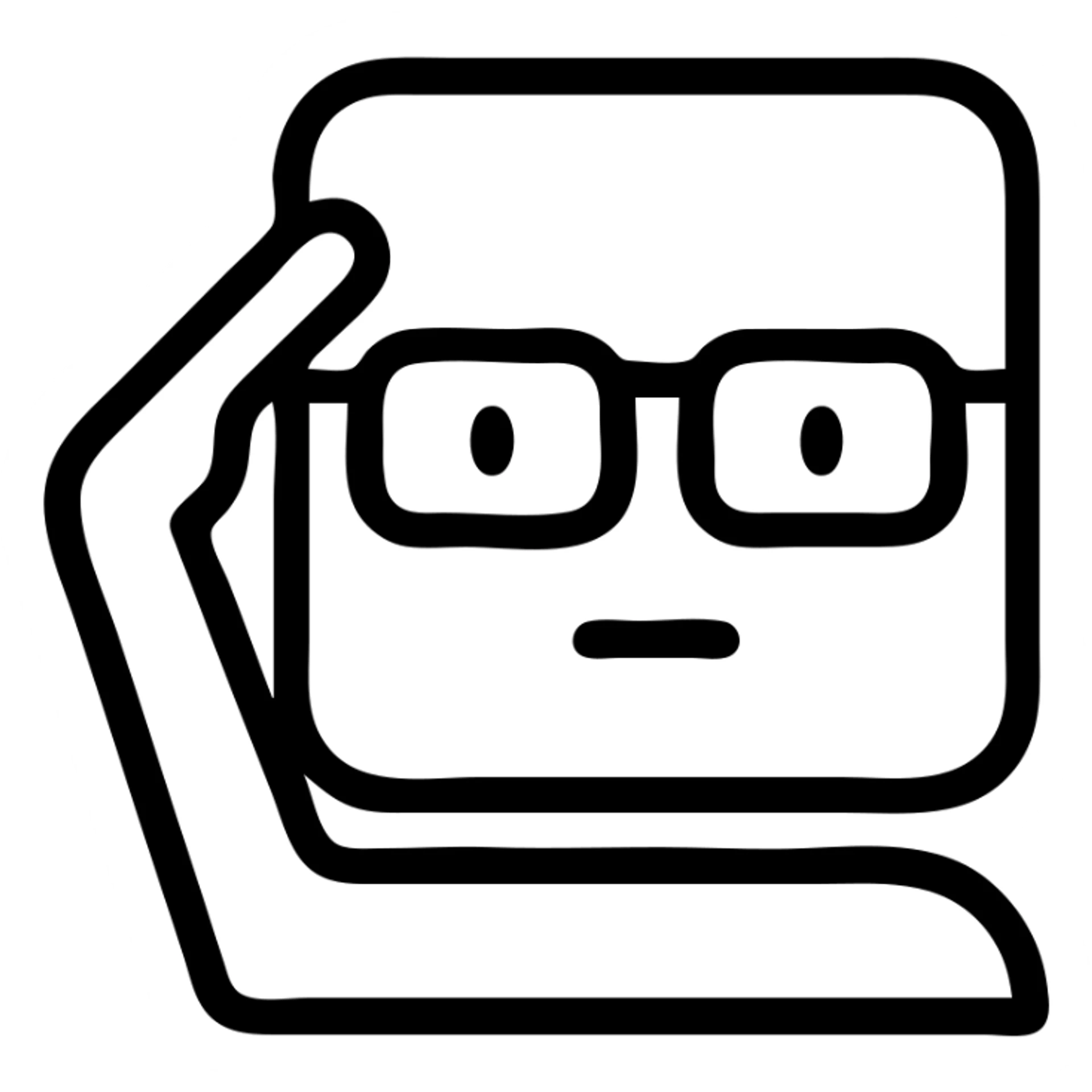 square face wearing glasses saluting, simple icon style, black outline, minimal design sticker