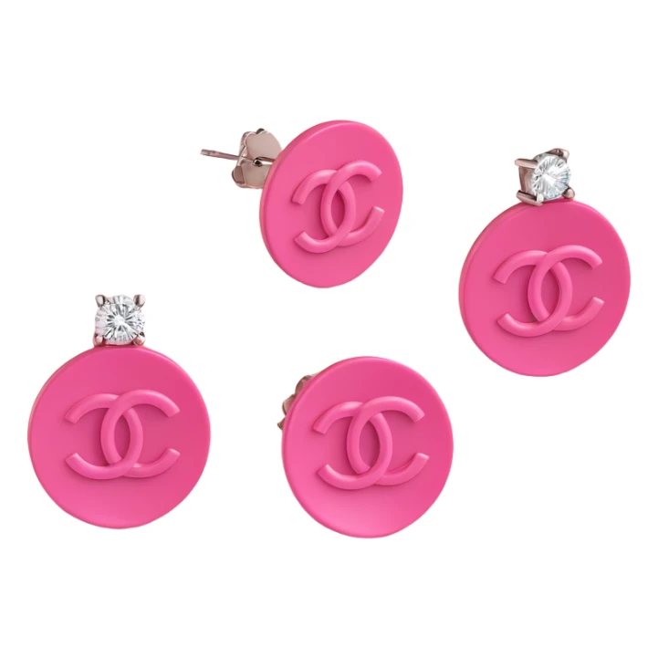 3D emoji-style pink Chanel logo earrings with diamond accents, glamorous sticker
