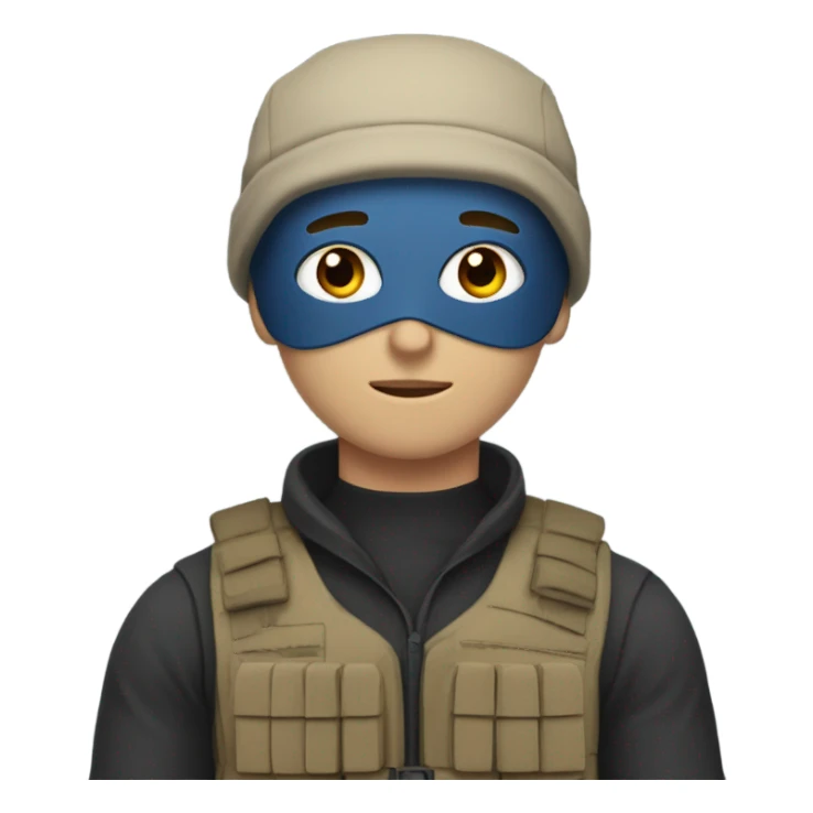 White male, face mask, tan tactical gear, tan pants, combat boots, black beanie, blue eyes sticker