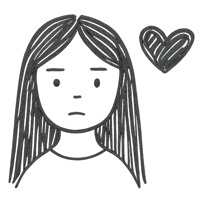 pale girl with long black hair and a black heart sticker