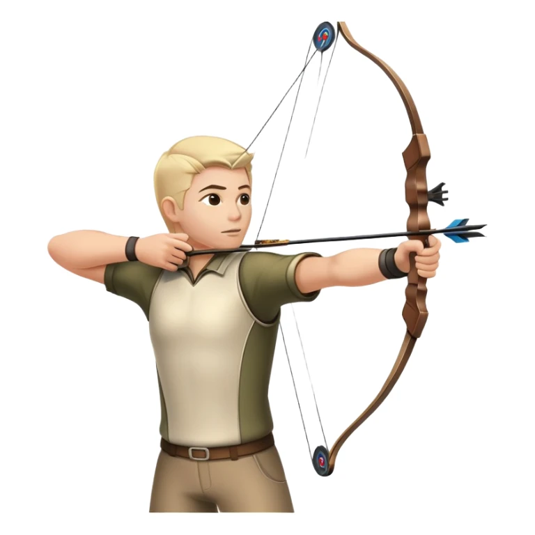 An archer pulling back a bowstring, aiming at a target in the distance. The target features concentric rings, and the scene conveys focus and precision. The background captures the essence of an outdoor archery range, highlighting skill and concentration in the sport. sticker