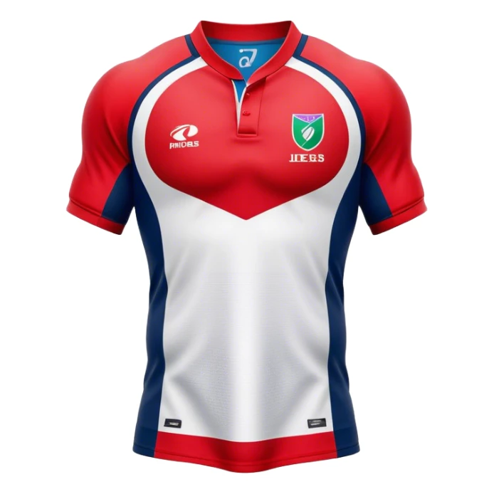 Cinematic Realistic image of a rugby jersey rendered in bold, dynamic team colors with intricately detailed fabric textures and natural creases, illuminated by dramatic stadium lighting sticker