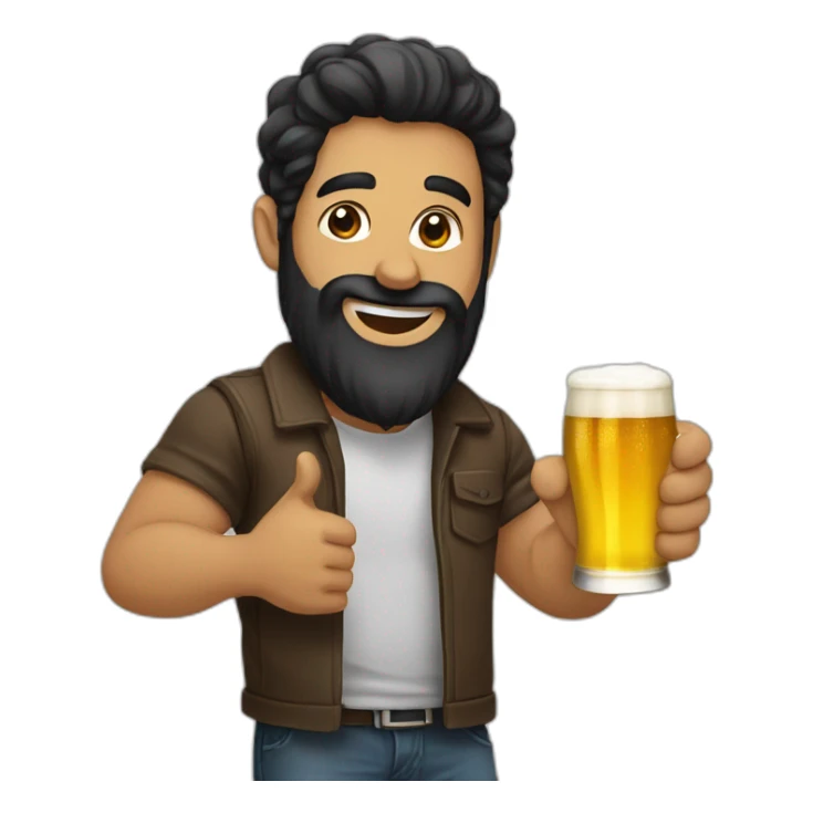 Man black hair anda beard with a beer anda thumb up sticker