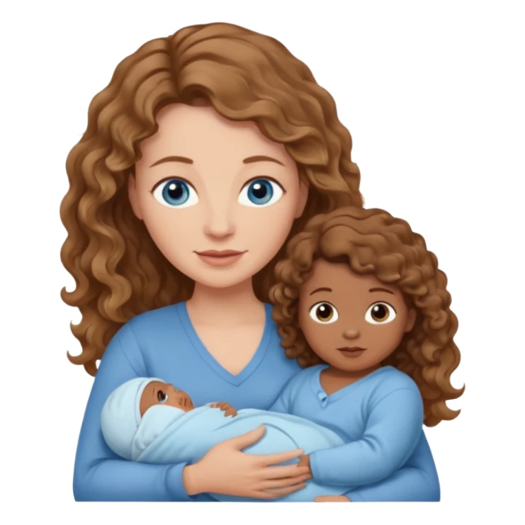 Light brown Caucasian wavy haired mom and blue eyeswith and brown skinned newborn baby. No other child sticker