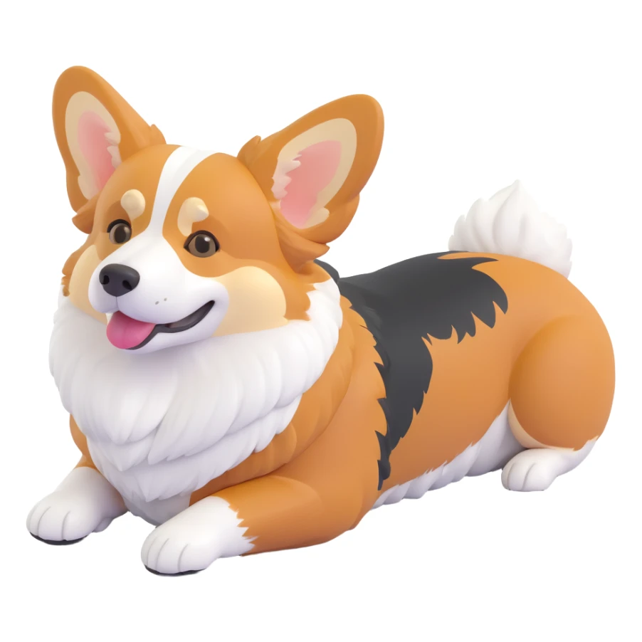 cool redhead tri color corgi, lying down, relaxed, fluffy fur, white, tan, and black markings sticker