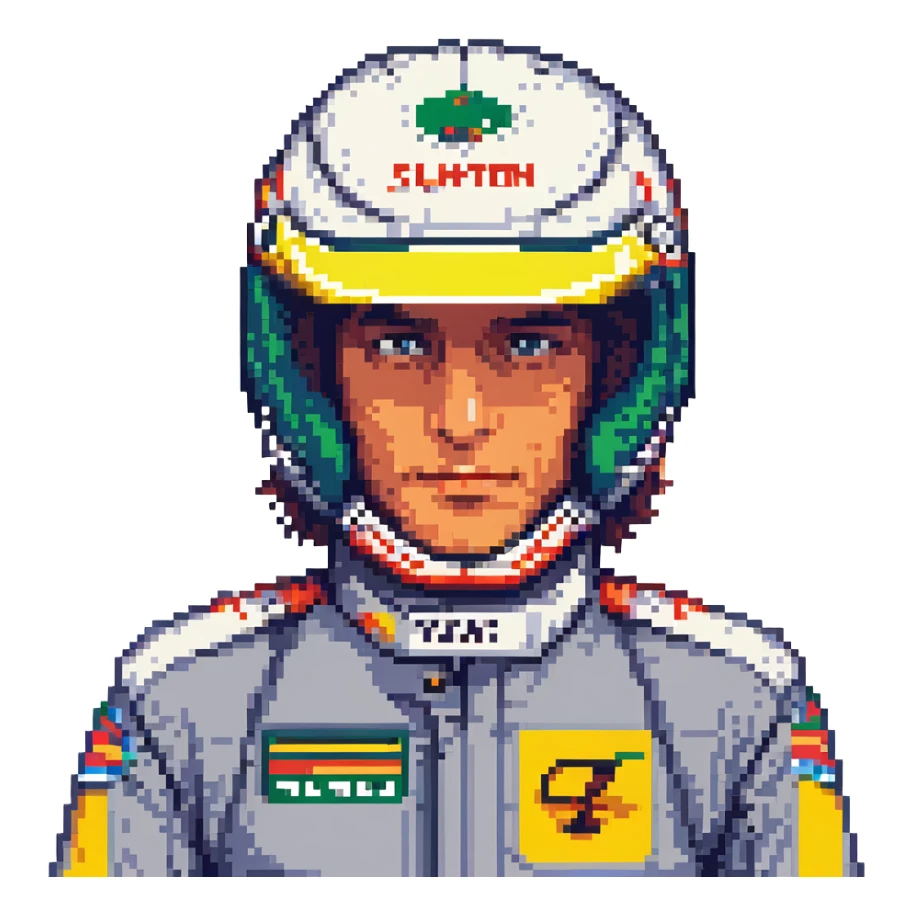 Ayrton Senna, Formula One driver, pixel art, close-up face, racing suit, 8-bit style, vibrant colors sticker