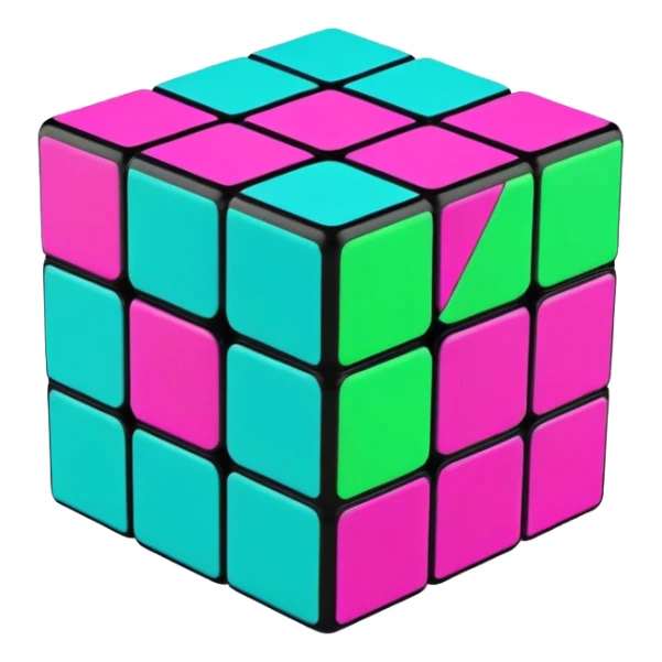 A 3x3 Rubik's Cube in mid-turn, showing movement, with vibrant 90s American colors like neon green, purple, turquoise and hot pink sticker