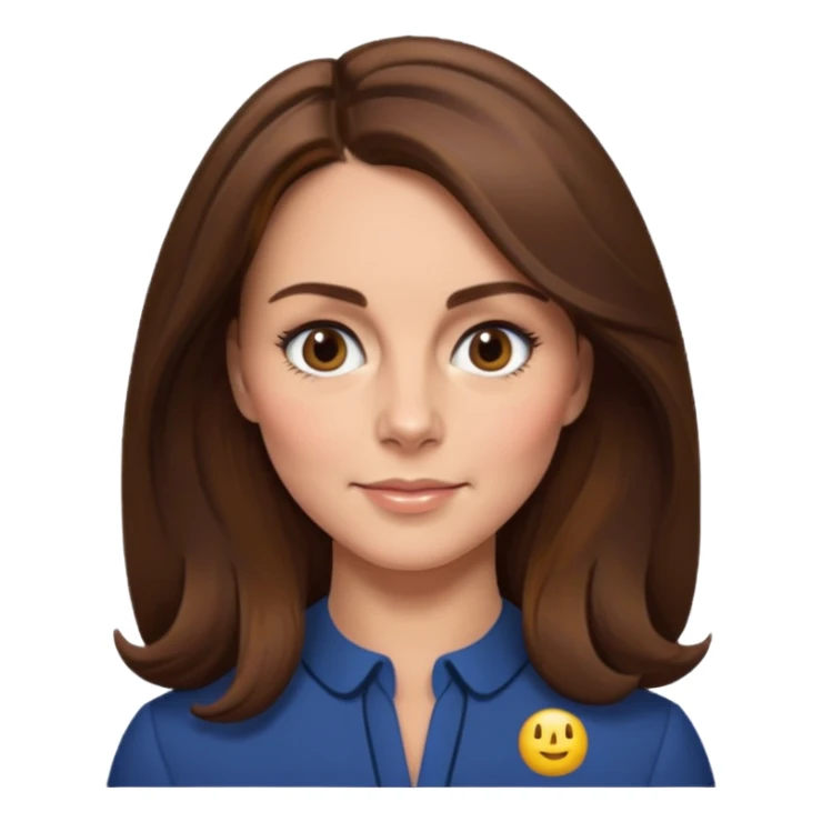 Kate Middleton as an apple style emoji, close-up face, subtle makeup, brown hair sticker