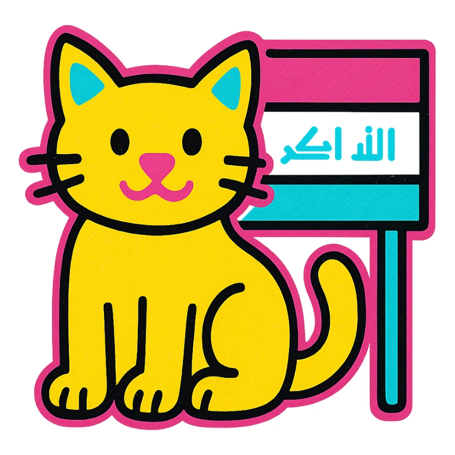 cat sitting beside the Iraq flag, simple and bold design, clean lines, vibrant colors sticker