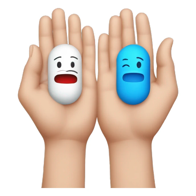 two pills in his hands, one blue, the other red sticker