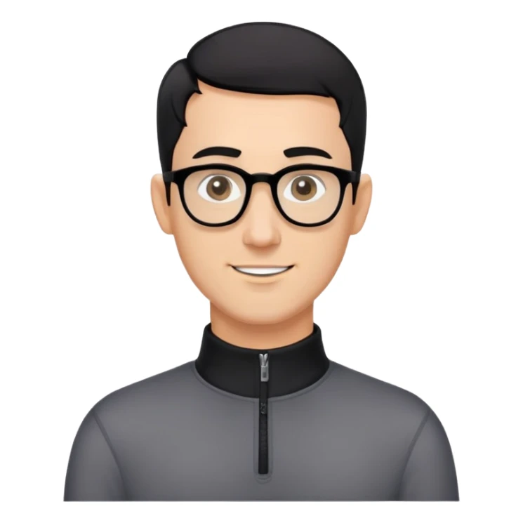 Caucasian man with black hair cut extremely short (almost buzz cut), short beard with gray streaks, large black eyeglasses, cheerful expression, black long sleeve shirt with quarter zip collar sticker