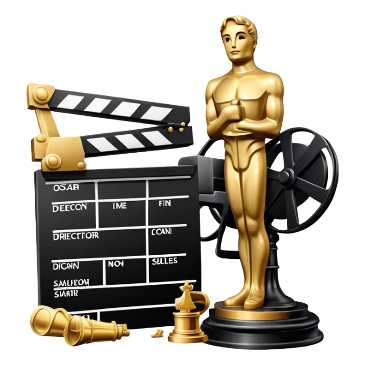 Professional icon for Directing: a collage featuring an Oscar statuette, a film script, a director's chair and a film slate. The icon should represent the excellence and artistry of directing, with a focus on cinematic achievement. Transparent background. sticker