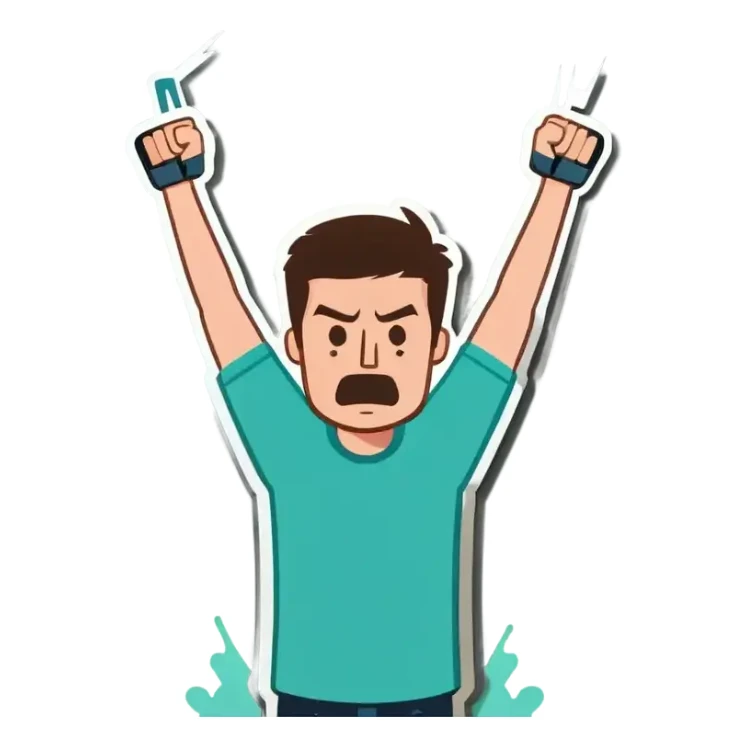 Man holding both arms in the air and holding an electrical cable der Man looks sad sticker