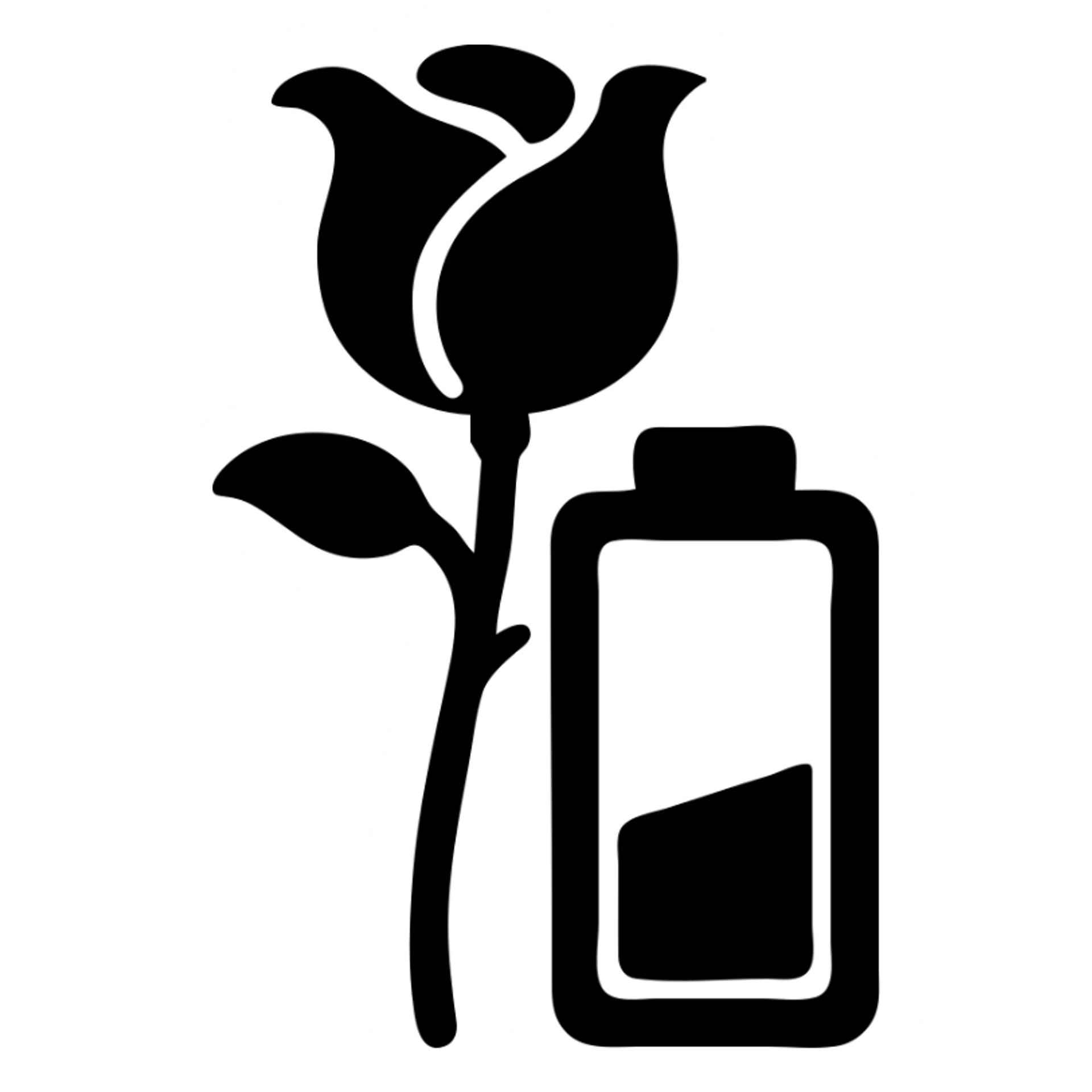 Battery shaped like a rose flower with wilting petals and low power indicator sticker