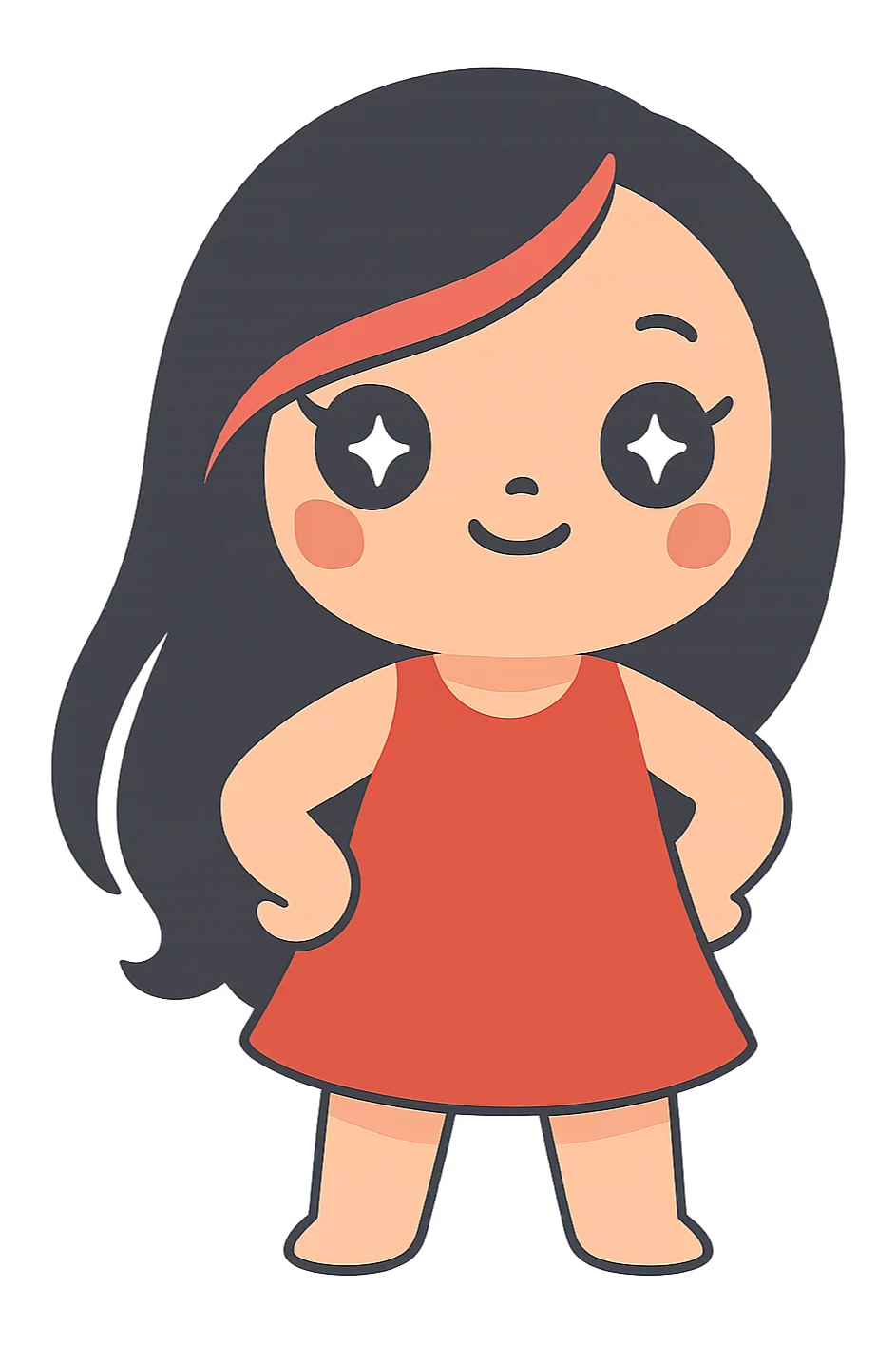Add a red dress, remove ears, keep long black and red hair, keep the original style, no background. sticker