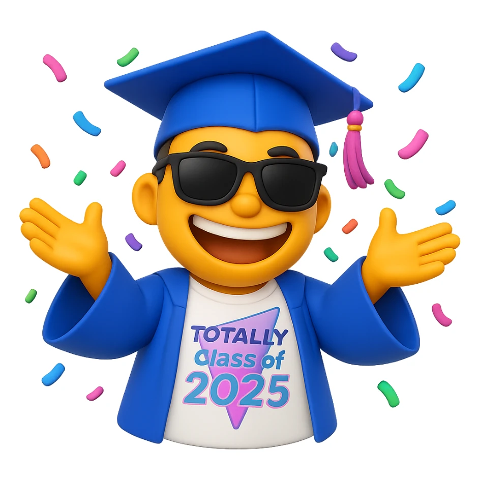 Create a cool emoji based on the person in the reference photo, wearing a graduation outfit, with sunglasses and a big smile, throwing confetti, in a 3D cartoon style. Background should be transparent. sticker