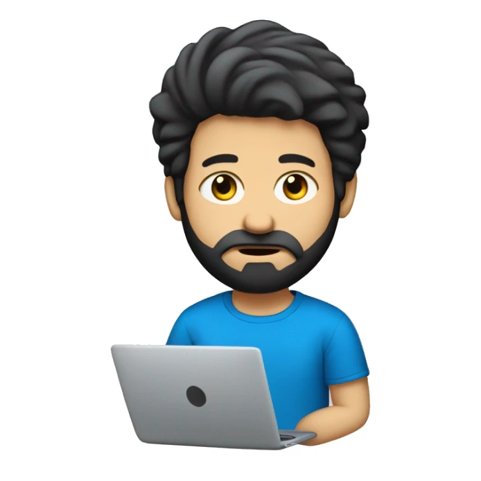 white guy with beard black hair big nose thin face typing in laptop wearing blue t-shirt sticker