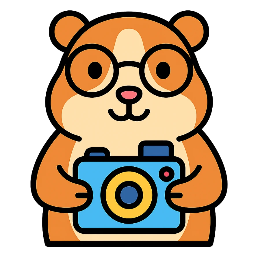 studious guinea pig with glasses holding a camera, cute outlined colorful style sticker