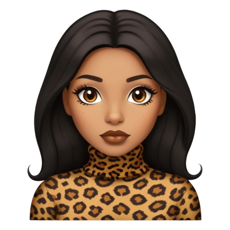 light brown skin tone, very beautiful woman, with big plump lips, long long lashes, black straight long hair, brown eyes, leopard turtle neck sticker
