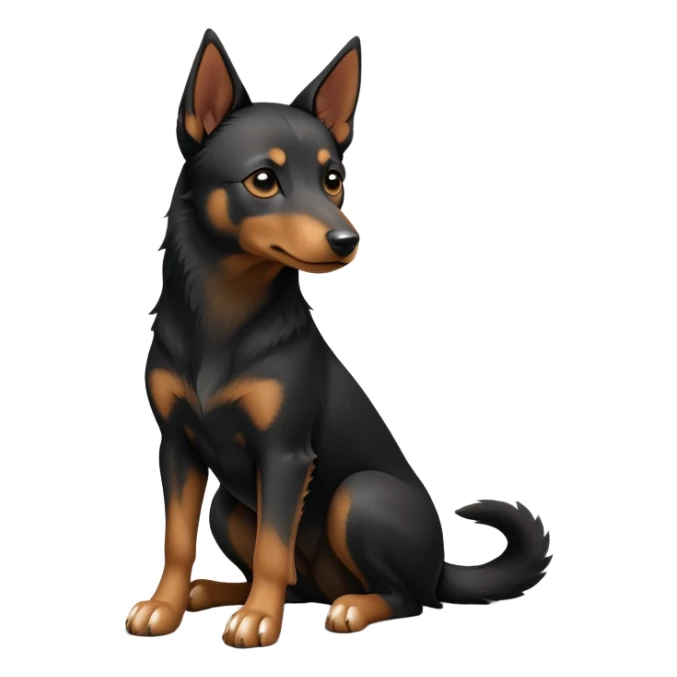 cinematic-[australian kelpie]-detailed realistic-full-body-sitting-emoji,-tail-resting-loosely-beside-its-paws,-head-tilted-dramatically, -sleek-[Black and tan]-fur,-simplified-yet-realistic-focused-features,-highly-detailed,-glowing-with-an-almost-sarcastic-glow sticker