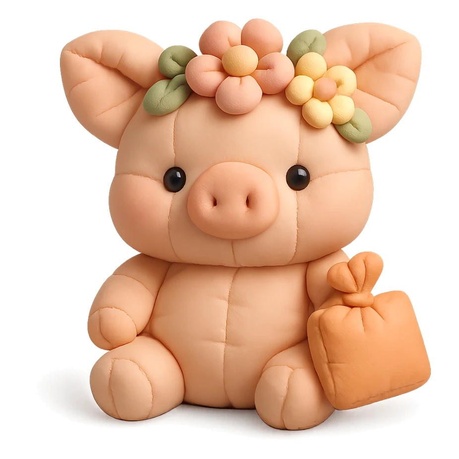 piglet with flower crown and gift bag, cushion style sticker