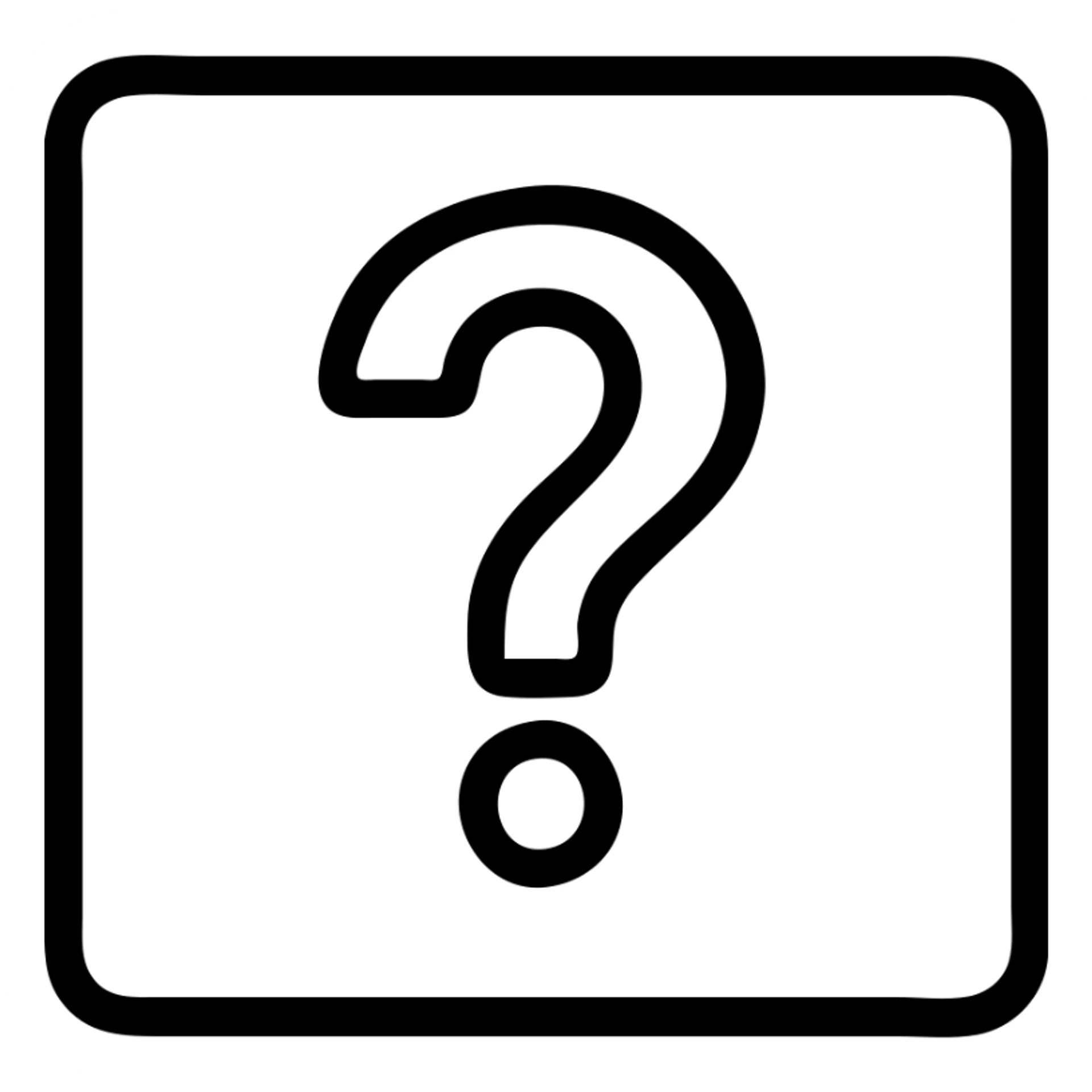 Minimal style green square with thick black border, small black question mark in the center, shadow effect for depth, no background. sticker