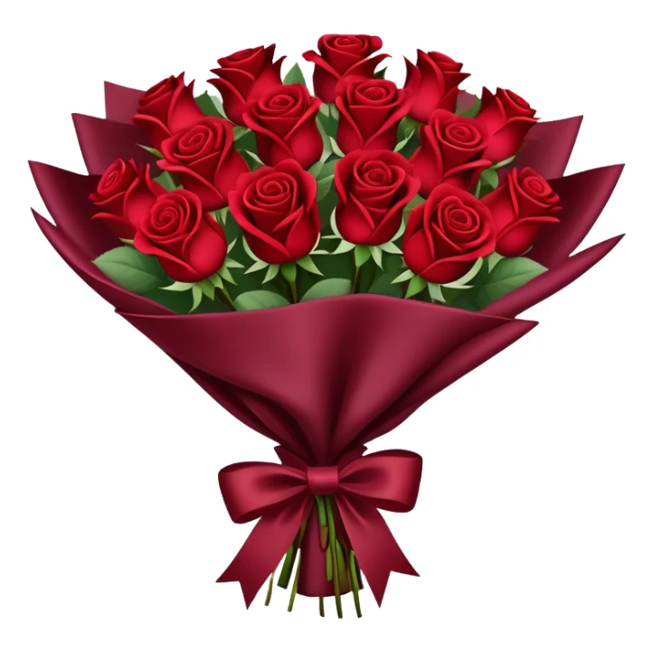 Bouquet of red roses in a burgundy package sticker