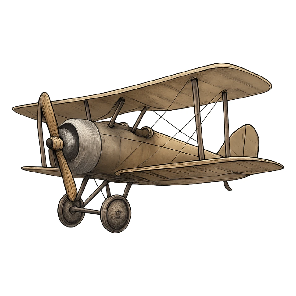 Самолет времен Первой Мировой, слегка рисованный, но объемный стиль, без опознавательных знаков, прозрачный фон sticker