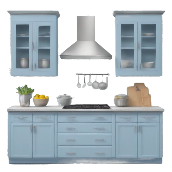 Realistic front facing hanging powder blue and silver kitchen cabinets. sticker