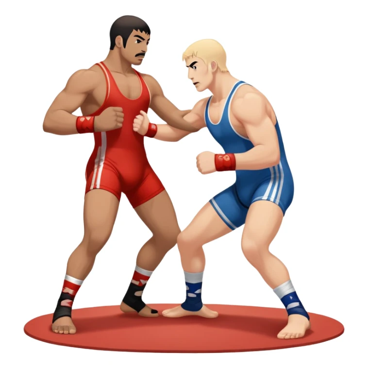An icon showcasing two wrestlers engaged in a dynamic free wrestling match. The athletes are in mid-action, one attempting a takedown while the other defends. The background features a wrestling mat, and the fighters wear traditional singlets. Transparent background  sticker