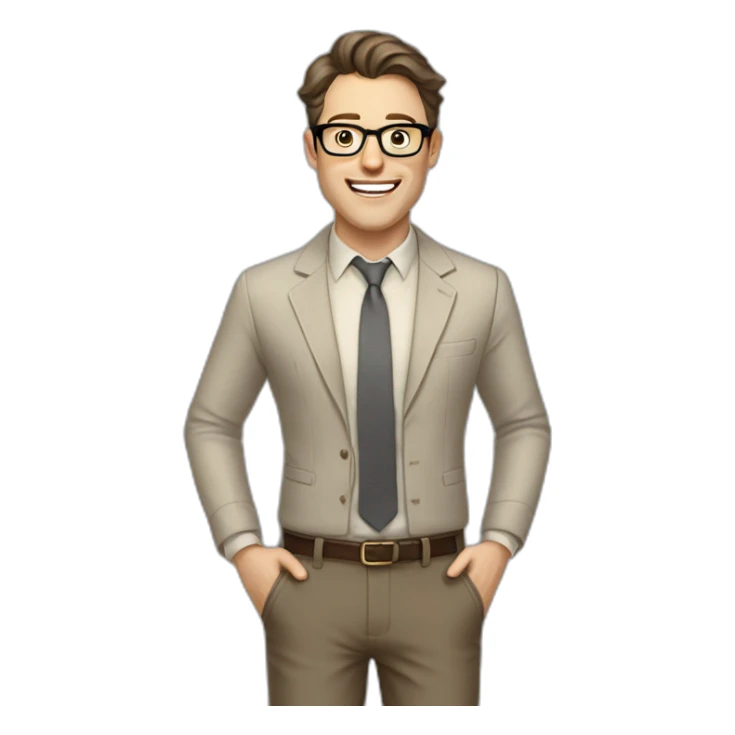 Joyful Full height Pale skinned Fit Man With dark brown hair in gray classic jacket, beige office shirt, Brown pants and vintage glasses. His thrumbs up sticker