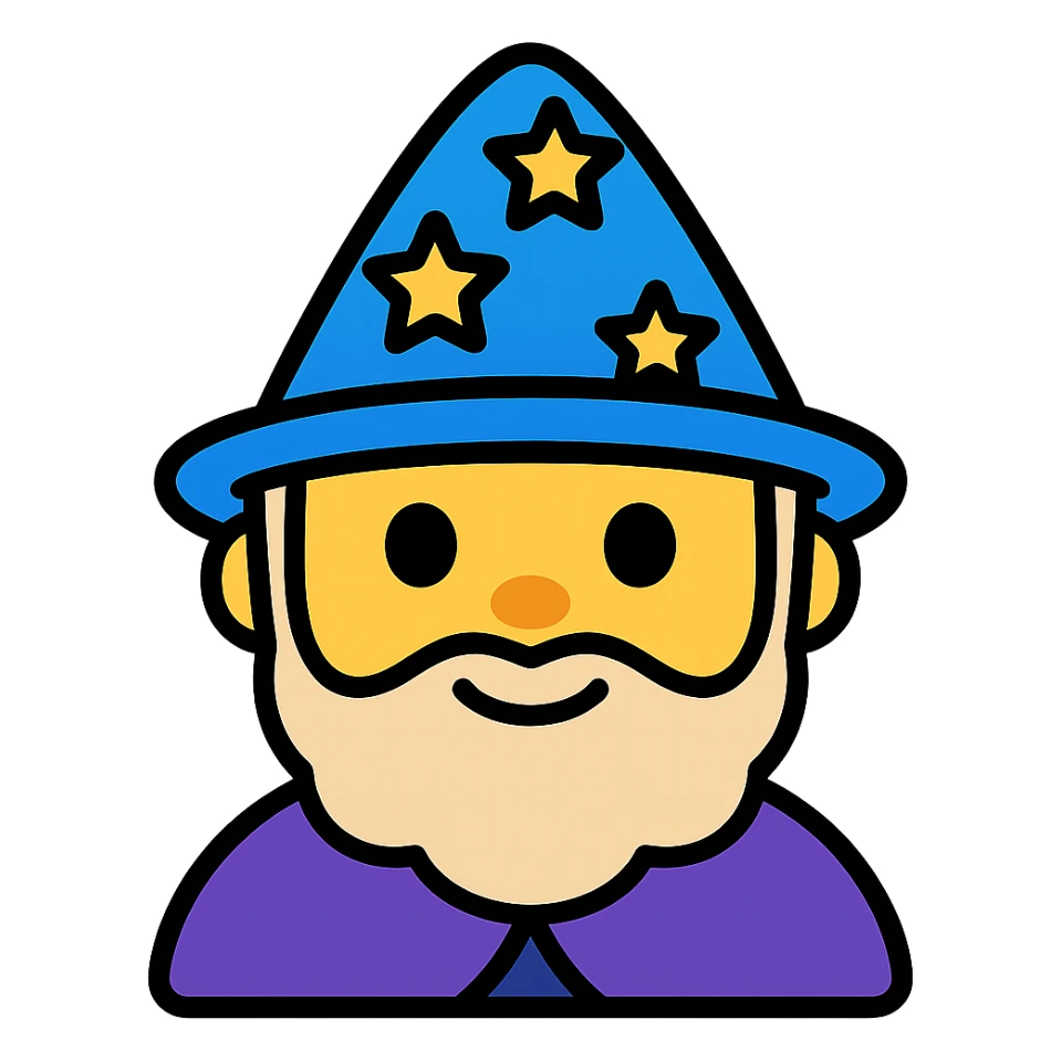 A wizard emoji, with black outlines and vibrant colors sticker