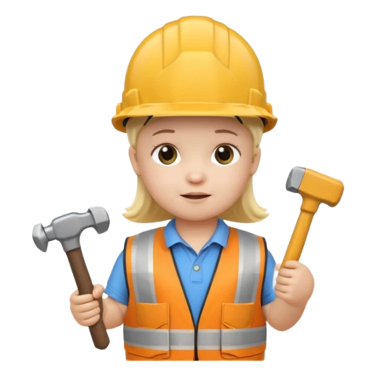toddler wearing oversized construction helmet and safety vest holding tiny hammer, 3D emoji style sticker
